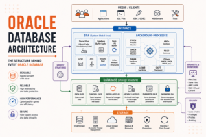 Oracle Database Architecture infographic showing the complete Oracle database workflow, including Users/Clients, Instance, SGA memory components, Background Processes (PMON, SMON, DBWR, LGWR, CKPT, ARCn), Database storage files, Storage layer, Security, Diagnostics, and Monitoring in Oracle Database.