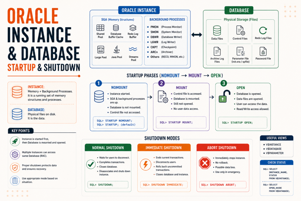 Oracle Instance and Database Startup & Shutdown infographic explaining the Oracle Instance, Database files, startup phases (NOMOUNT, MOUNT, OPEN), shutdown modes (Normal, Immediate, Abort), background processes, SGA components, and essential SQL commands for Oracle DBAs.
