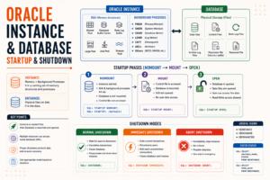 Oracle Instance and Database Startup & Shutdown infographic explaining the Oracle Instance, Database files, startup phases (NOMOUNT, MOUNT, OPEN), shutdown modes (Normal, Immediate, Abort), background processes, SGA components, and essential SQL commands for Oracle DBAs.