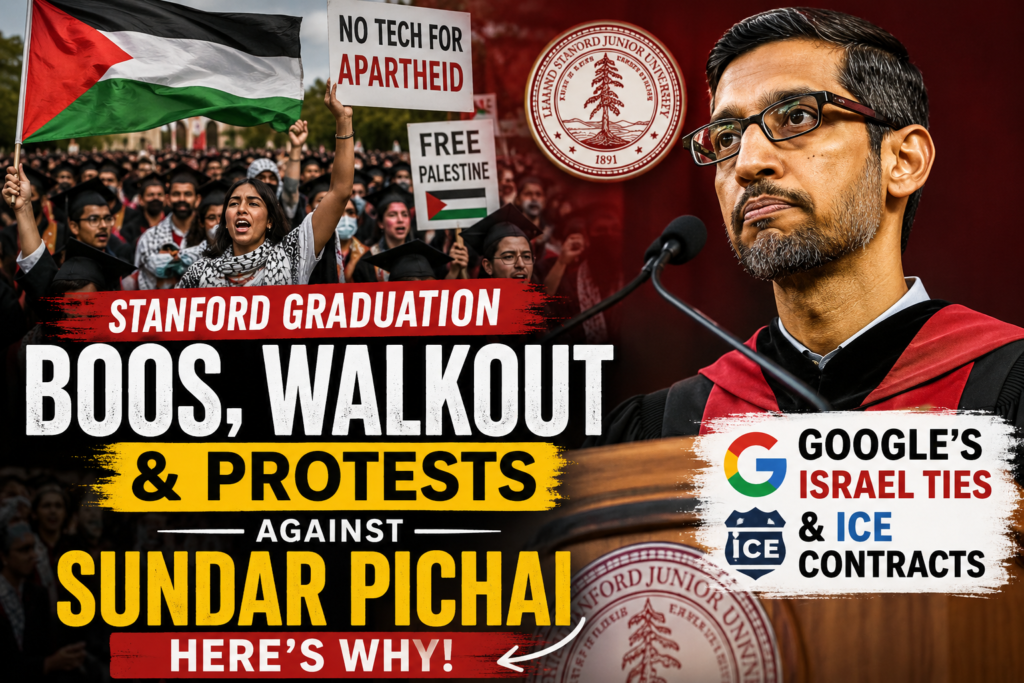 Sundar Pichai speaking at Stanford graduation as students protest and walk out.