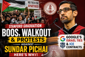 Sundar Pichai speaking at Stanford graduation as students protest and walk out.