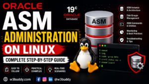 Oracle ASM Administration on Linux step-by-step guide showing ASM disk groups, ASMCMD, ASMCA, storage management, and Oracle Database 19c on Linux.